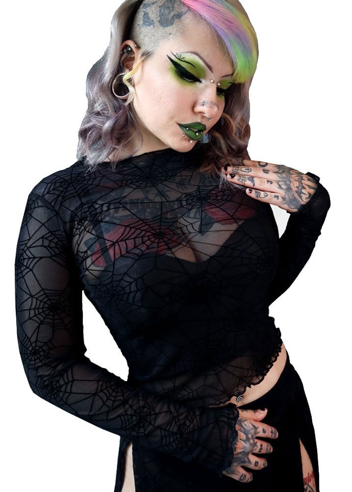 Forest Ink Spiderweb Mesh Long Sleeve Top