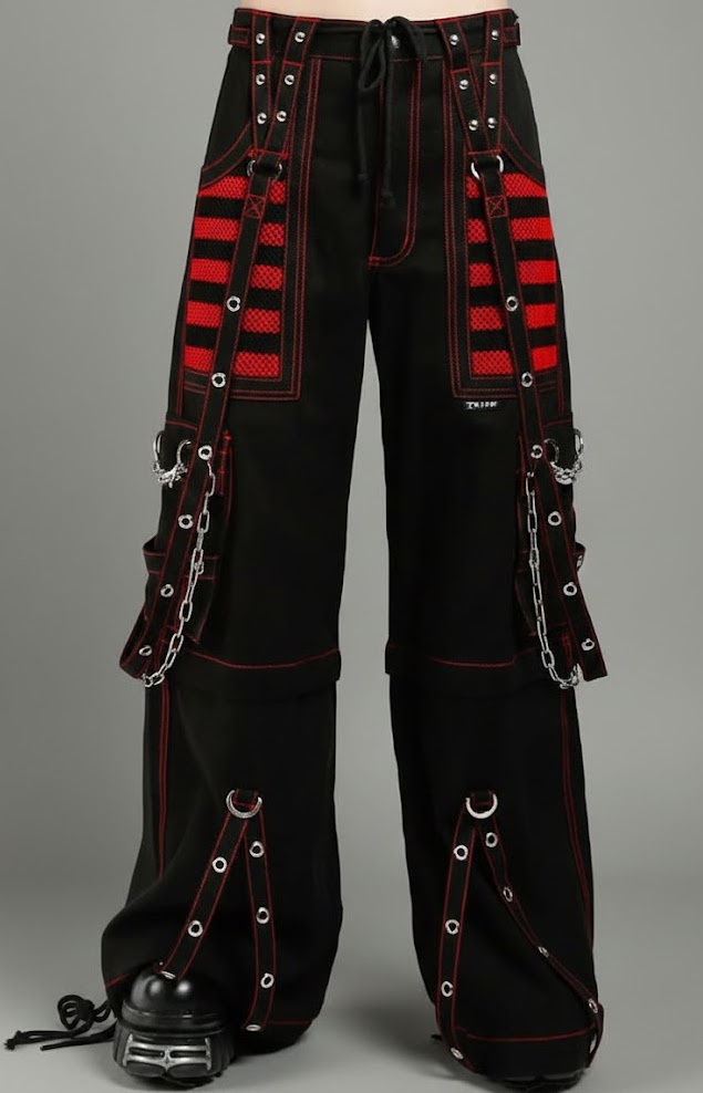 gothic baggy red and black trousers with hardware