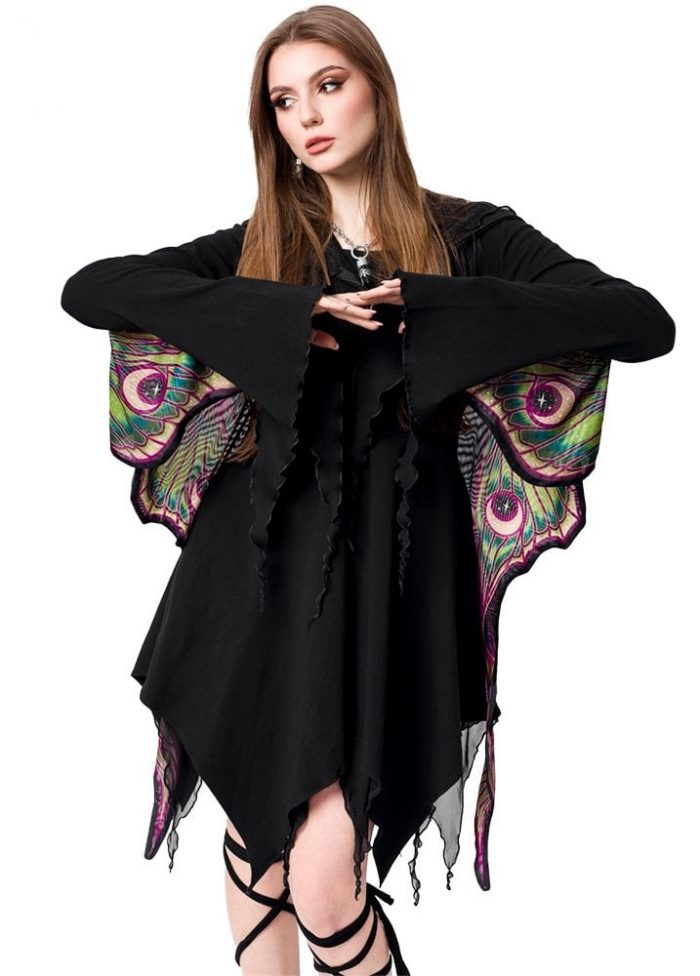 Woman in a batwing hooded cardigan