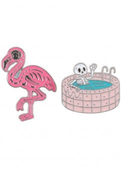 Dead Cool Skeleton & Flamingo Enamel Pin Badge Set