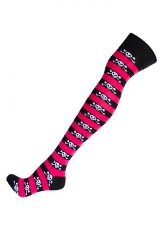 Attitude Clothing Pink Skull Stripe Over The Knee Socks
