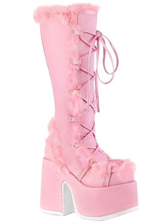 DemoniaCult Camel 311 Pink Faux Fur Knee High Boot