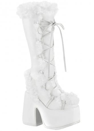 DemoniaCult Camel 311 White Faux Fur Knee High Boot
