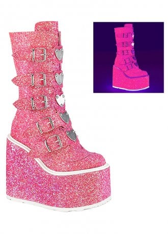 DemoniaCult Swing 230G UV Reactive Pink Glitter Platform Boot