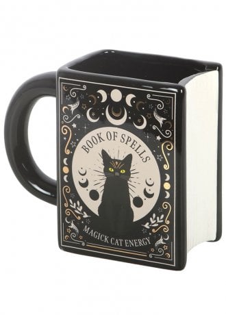 Gothic Homeware Black Cat Magick Book Of Spells Book Shaped Mug