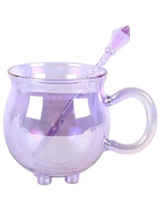 Gothic Homeware Double Walled Purple Glass Cauldron Mug & Spoon