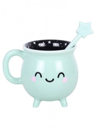 Gothic Homeware Mint Green Cauldron Mug With Wand Stirrer
