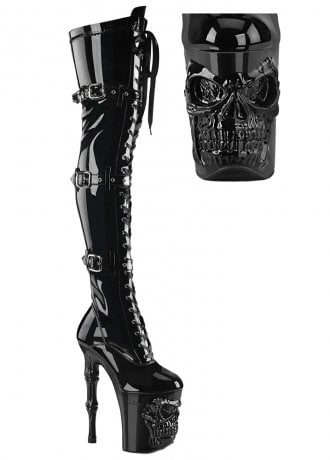 Pleaser Shoes Rapture 3028 Patent Thigh High Skull Platform Boot