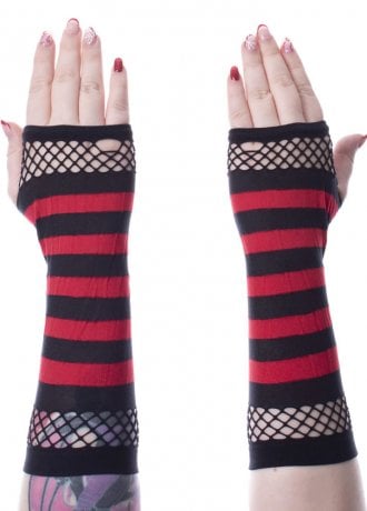 Poizen Industries Black & Red Striped Mesh Fingerless Gloves