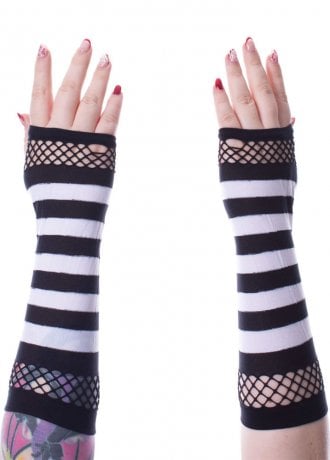 Poizen Industries Black & White Striped Mesh Fingerless Gloves