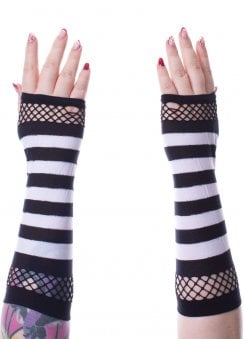 Black & White Striped Mesh Fingerless Gloves